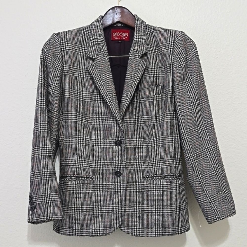 Sasson Vintage Black and White Houndstooth Blazer with‎ Notched Lapels